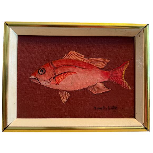 Red Snapper Fish Hardboard Painting Signed Framed Vtg 8x6 Rustic Cabin Farmhouse - Picture 1 of 5